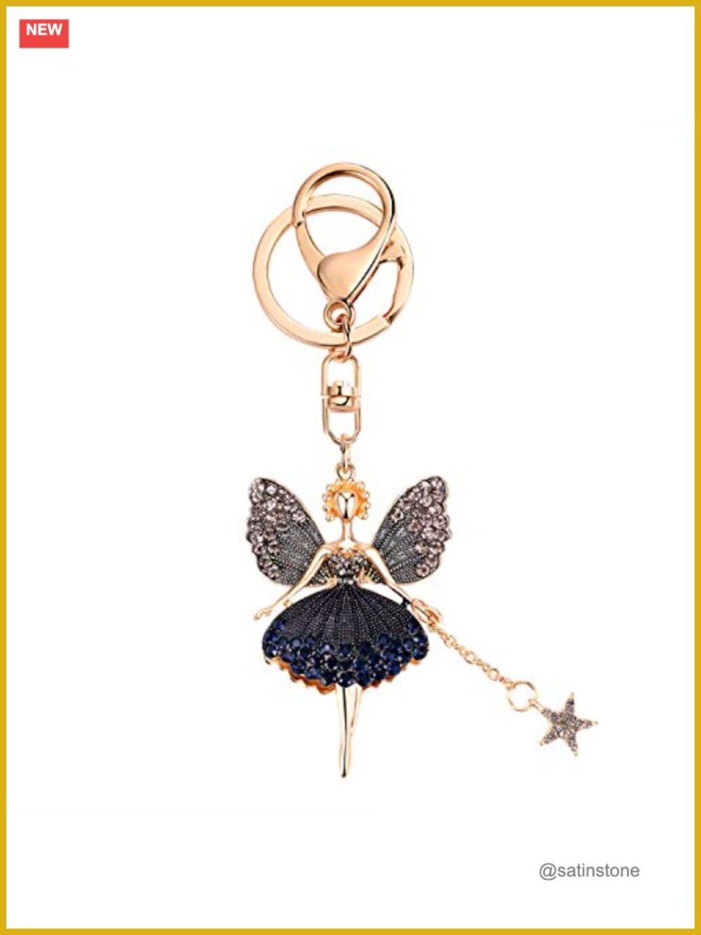 Rhinestone Ballet Dancer Butterfly Wing Keychain Charm Rose Gold Plated Metal